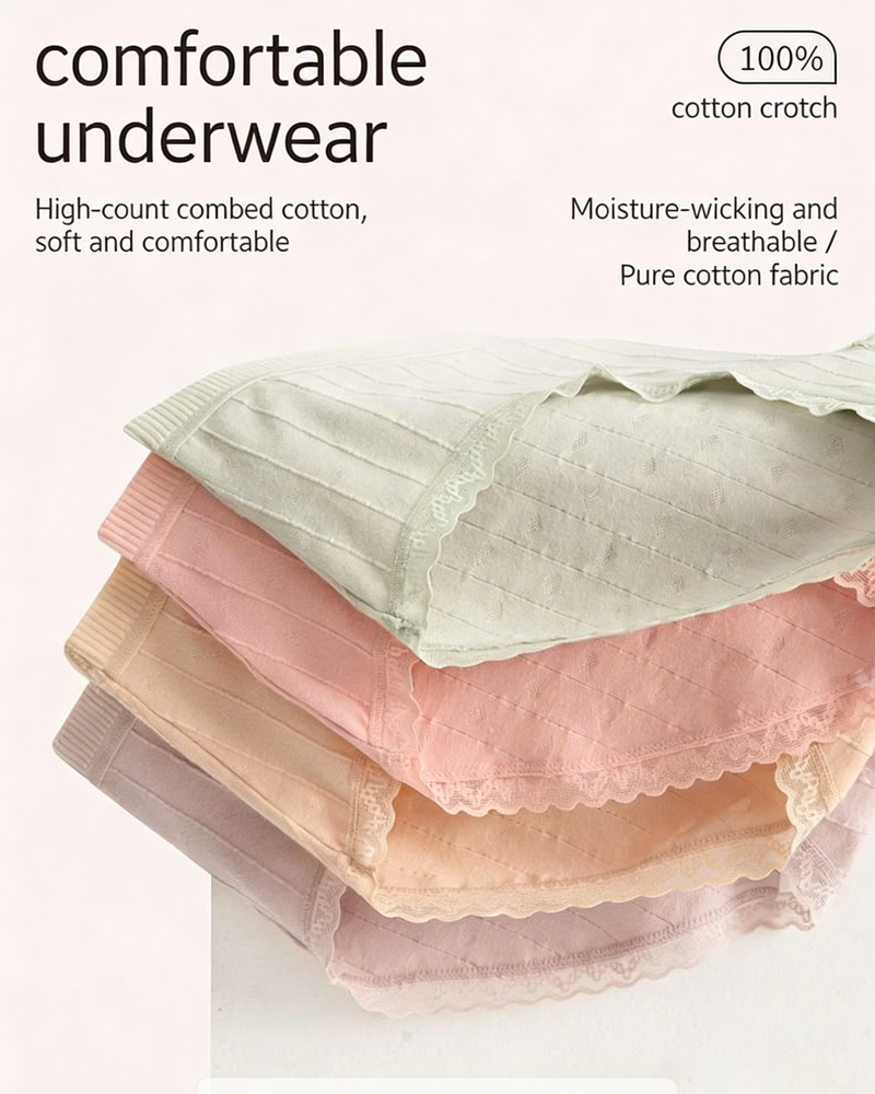 Multi-Pack Women's Mid-Waist Lace Striped Heart Antibacterial Cotton Panties