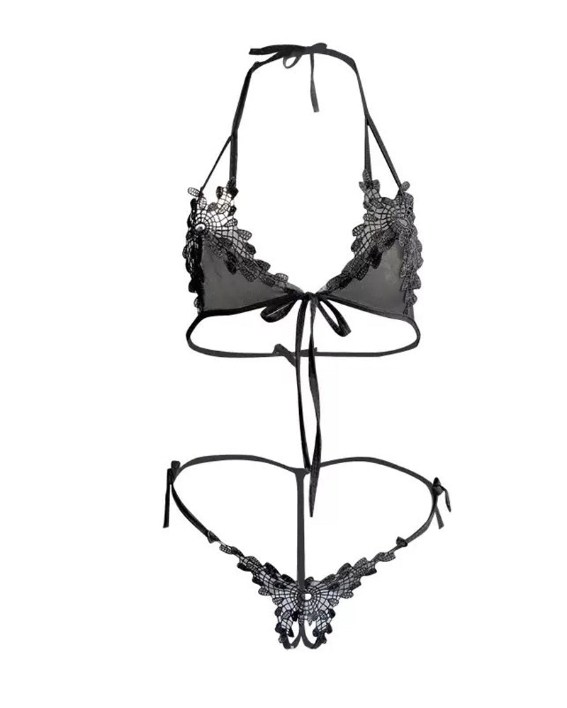 Sexy Deep V Halter Neck Lace See-through Open Crotch Lingerie Set