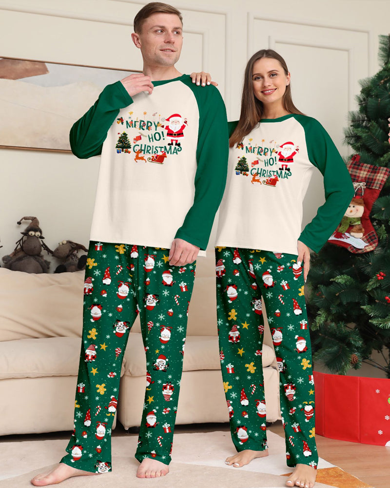 Green Santa Claus Print Crew Neck Home Wear Pajamas Family Set