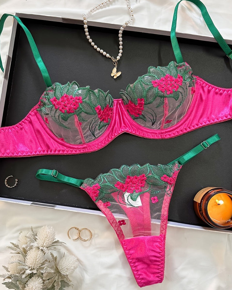Sexy Colorblock Flower Embroidered Underwire Mesh Bra Set