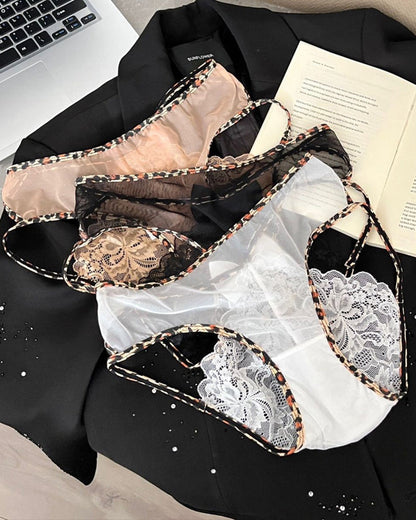Leopard Print Lace Patchwork Mesh See-through Cutout Bell Bow Decoration Panties