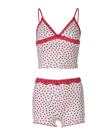 V-neck Heart-print Lace Trim Colorblock Camisole and Shorts Set