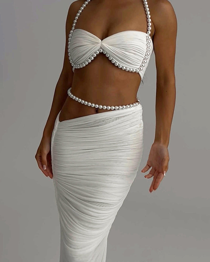 Pearl-embellished Sexy Cropped Tube Top Low-waisted Bodycon Maxi Skirt Suit