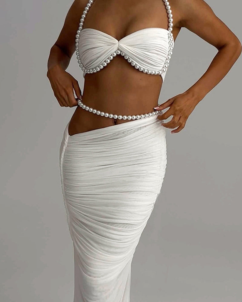 Pearl-embellished Sexy Cropped Tube Top Low-waisted Bodycon Maxi Skirt Suit