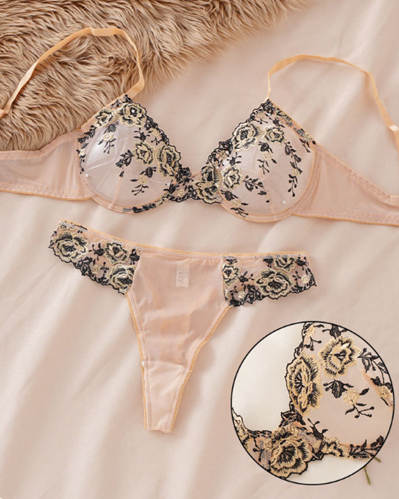 Sexy French-style Ultra-thin Push-up Floral Embroidered Mesh See-through Lingerie Set