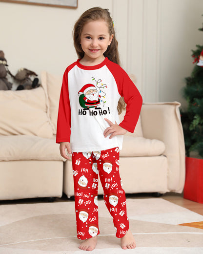 Santa Claus Print Round Neck Raglan Sleeve Color Block Parent-Child Lounge Pajama Set