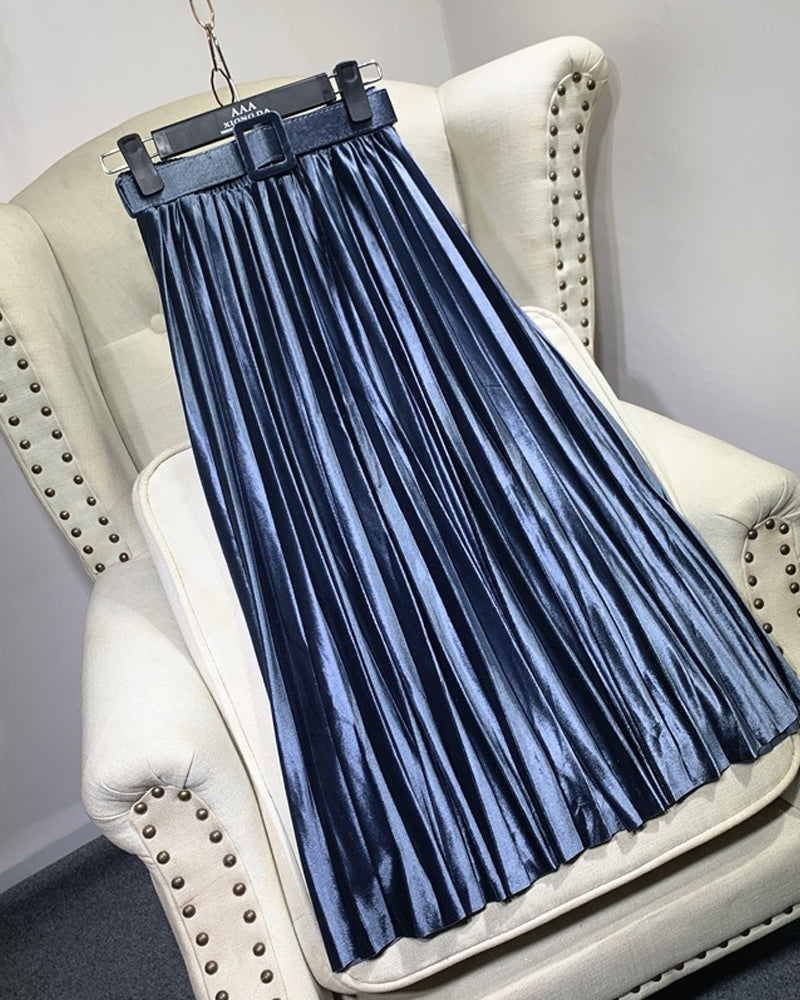 Casual Velvet Pearly Sheen High-waist A-line Pleated Skirt