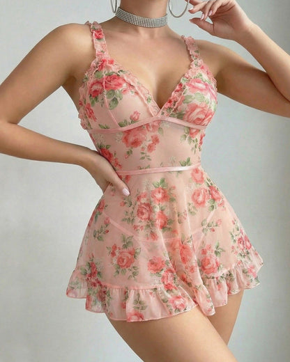 Deep V-neck Floral Print Sheer Mesh Ruffle Camisole Nightgown