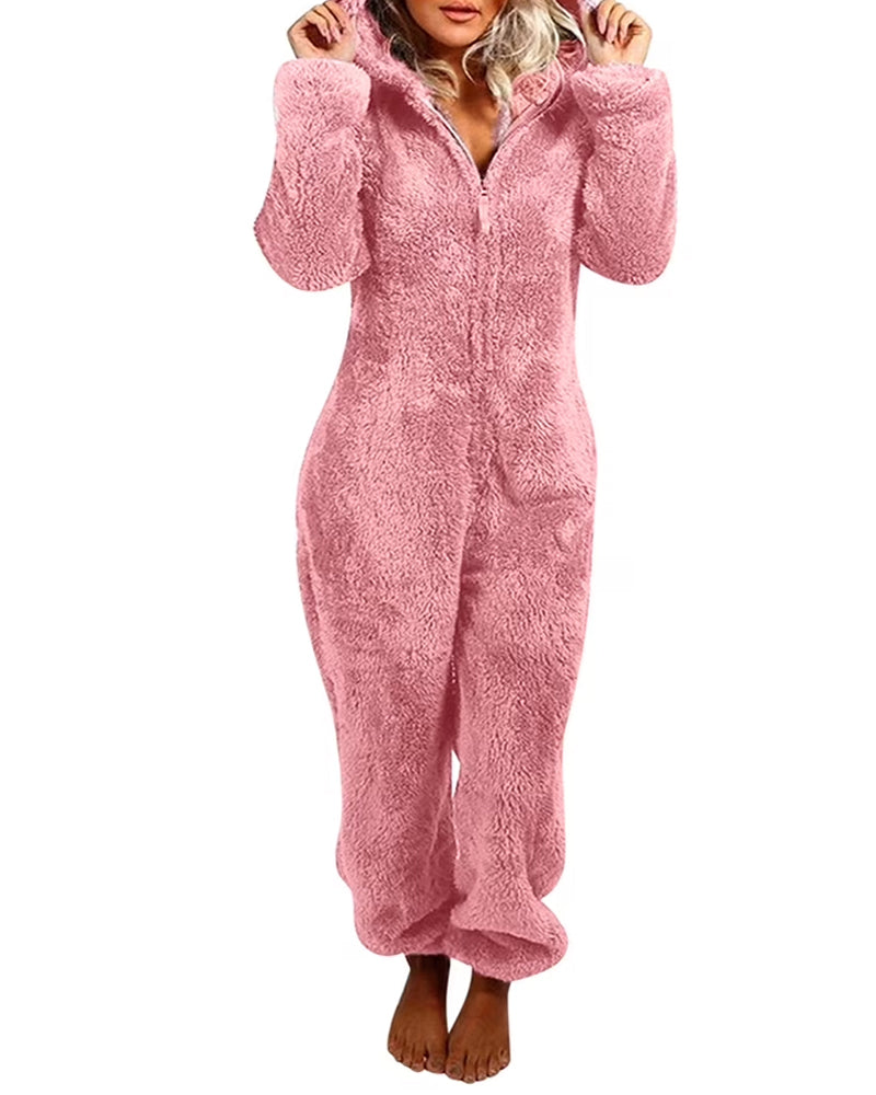Teddy Bear Ear Zipper Hooded Plush Long-Sleeved Pants Onesie Pajamas