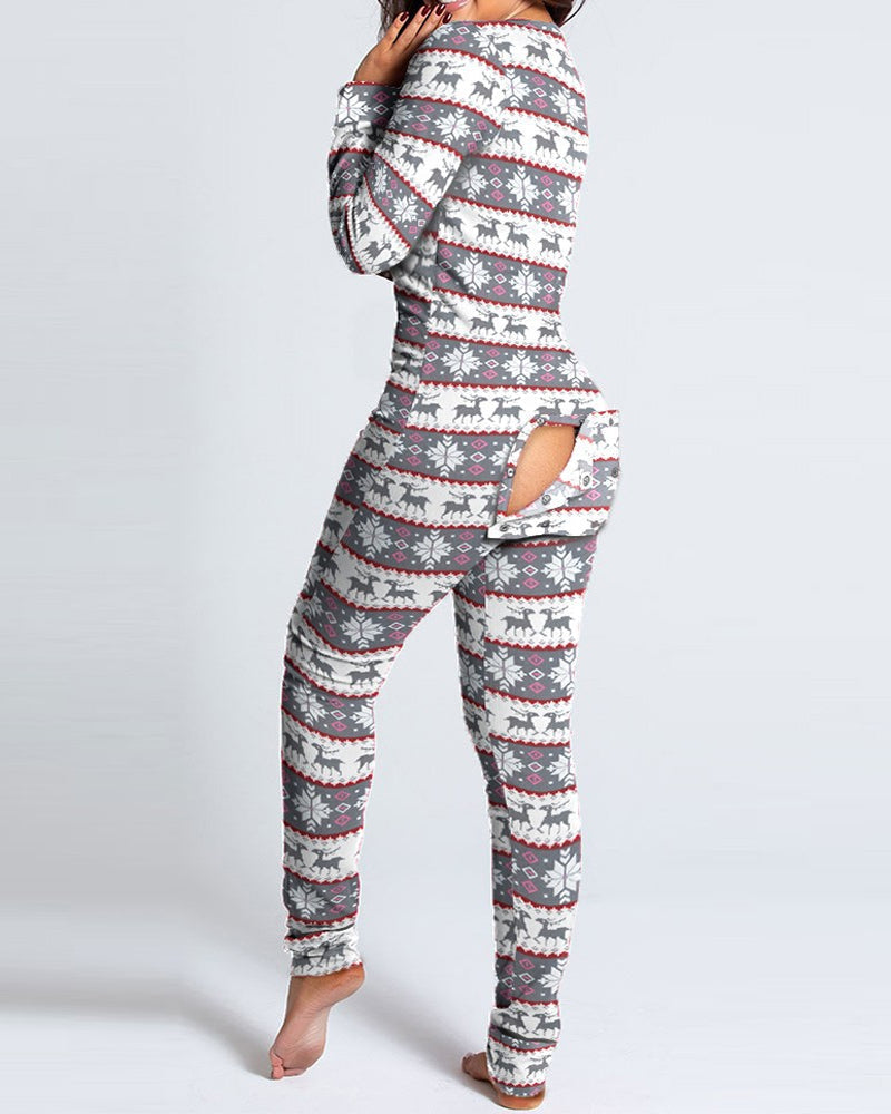 Christmas Deep V-neck Long-sleeved Back Button Closure Jumpsuit PJajama