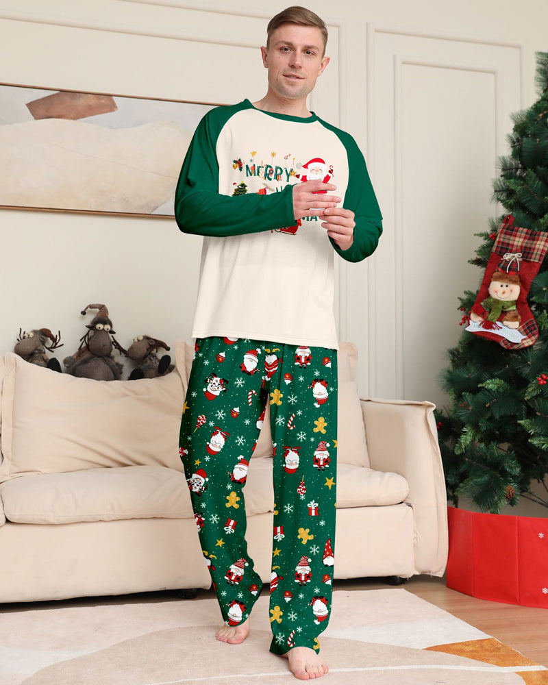 Green Santa Claus Print Crew Neck Home Wear Pajamas Family Set