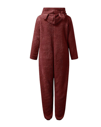 Teddy Bear Ear Zipper Hooded Plush Long-Sleeved Pants Onesie Pajamas