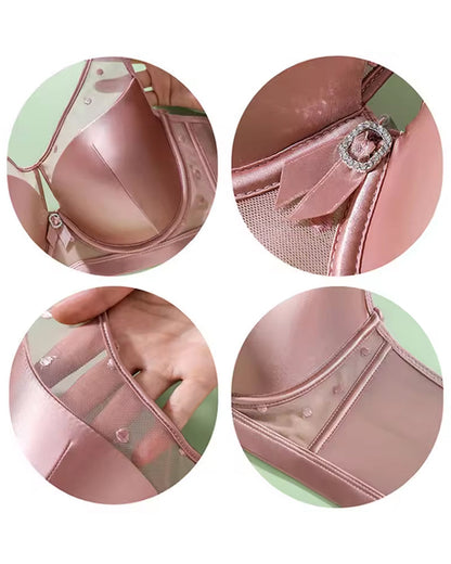 Satin Mesh See-through Patchwork Underwire Plus Size Push-up Bra