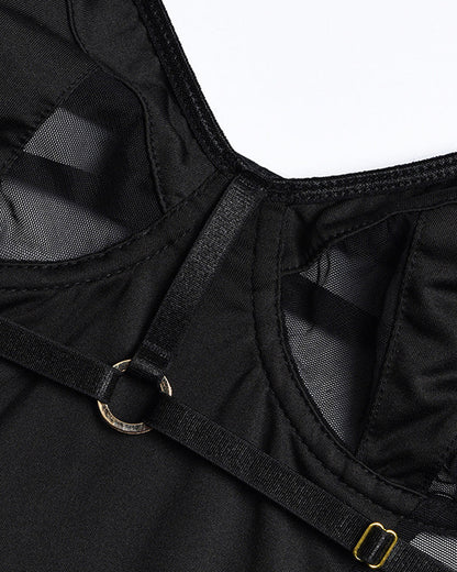 Mesh Splicing Open Back Sexy Lace-Up Suspender Bodysuit
