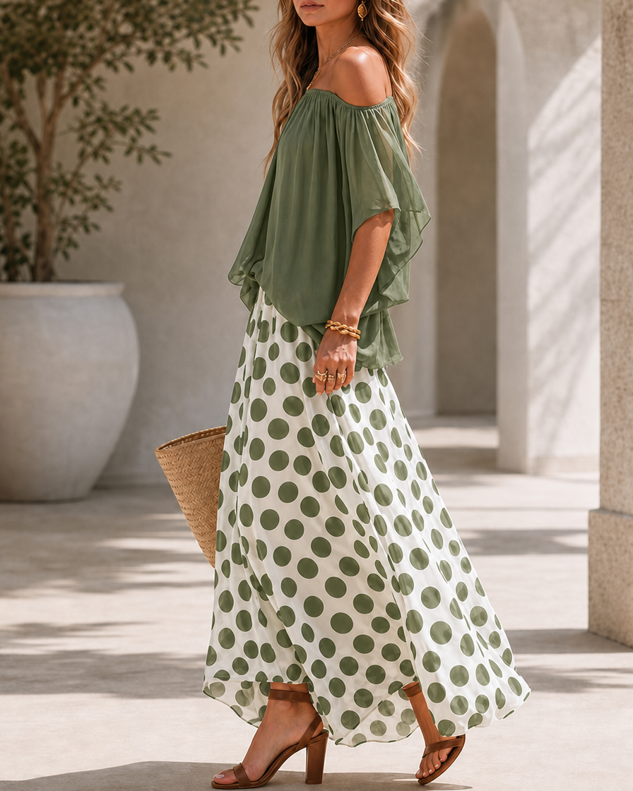 Casual Colorblock Chiffon Off-Shoulder Top and Polka Dot Wide-Leg Pants Set