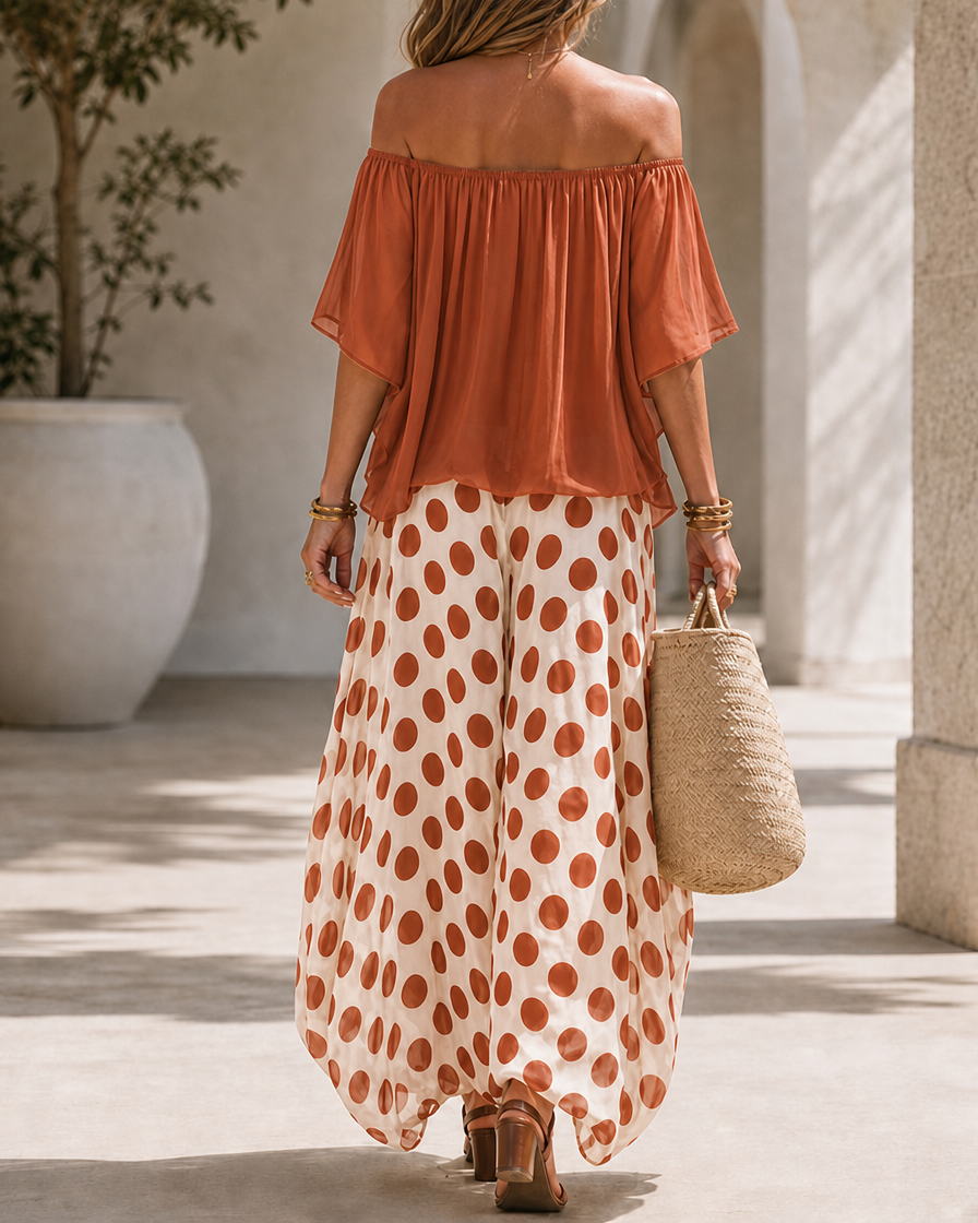 Casual Colorblock Chiffon Off-Shoulder Top and Polka Dot Wide-Leg Pants Set