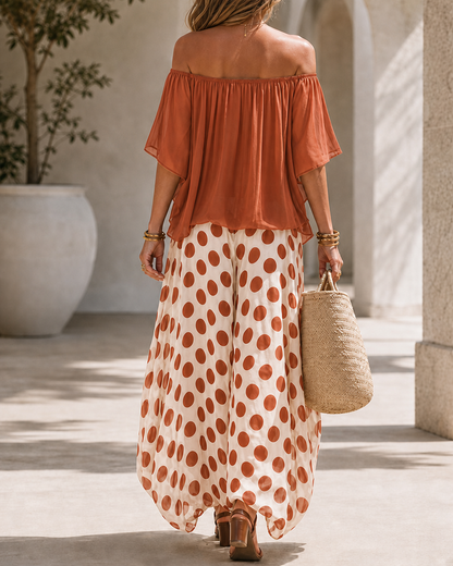 Casual Colorblock Chiffon Off-Shoulder Top and Polka Dot Wide-Leg Pants Set
