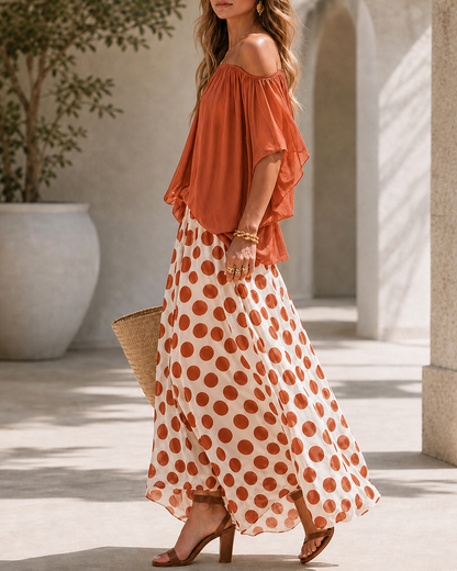 Casual Colorblock Chiffon Off-Shoulder Top and Polka Dot Wide-Leg Pants Set