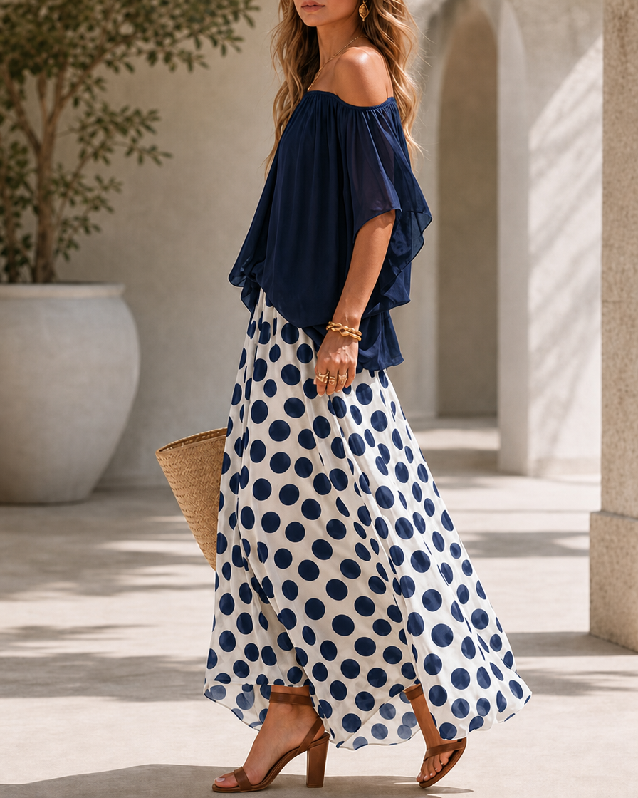 Casual Colorblock Chiffon Off-Shoulder Top and Polka Dot Wide-Leg Pants Set