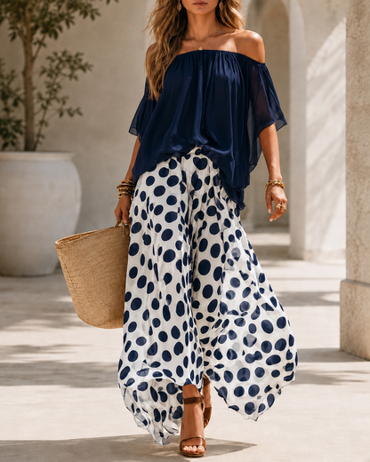 Casual Colorblock Chiffon Off-Shoulder Top and Polka Dot Wide-Leg Pants Set