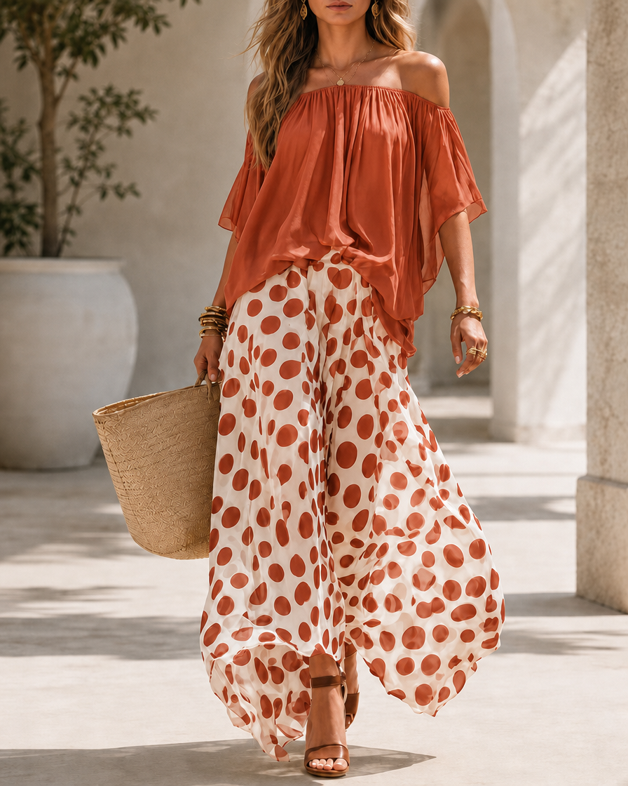 Casual Colorblock Chiffon Off-Shoulder Top and Polka Dot Wide-Leg Pants Set