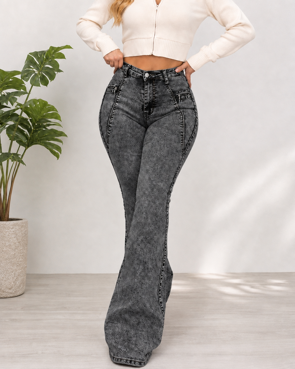 High Waist Stretch With Pockets Flared Washed Jeans