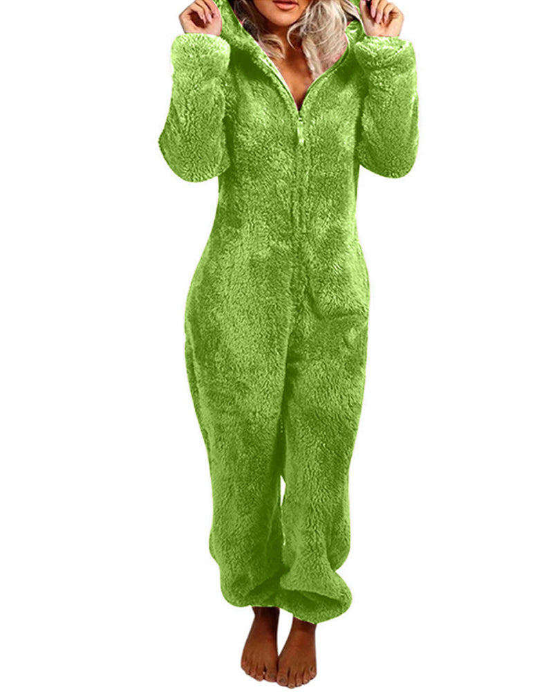 Teddy Bear Ear Zipper Hooded Plush Long-Sleeved Pants Onesie Pajamas