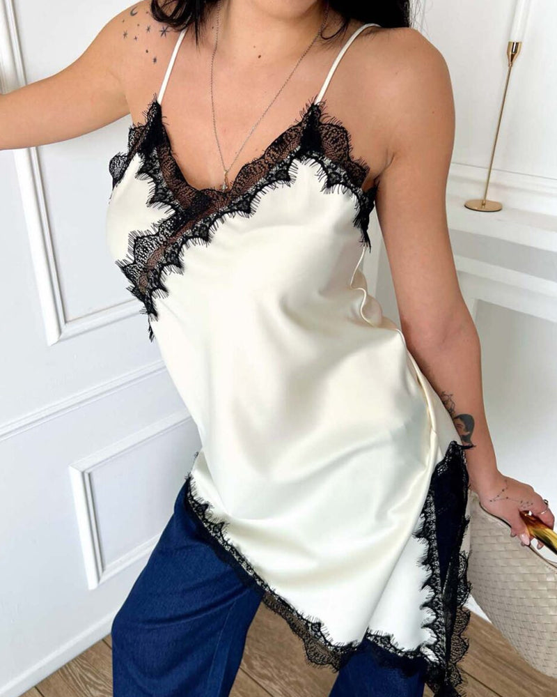 Sexy V-neck Ice Silk Lace Patchwork Asymmetrical Casual Suspender Mini Dress