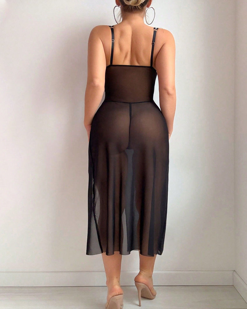 Sexy Lace Mesh Sheer High-slit Waist-shaping Long Nightgown