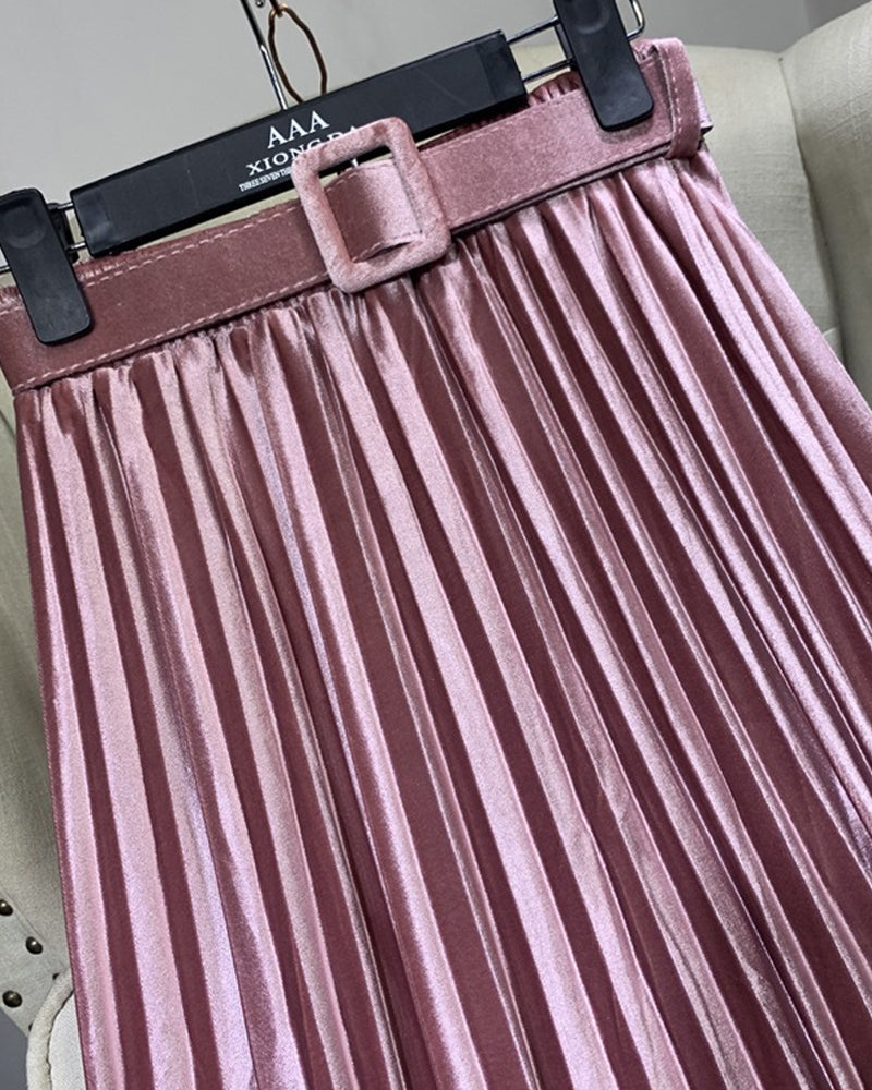 Casual Velvet Pearly Sheen High-waist A-line Pleated Skirt