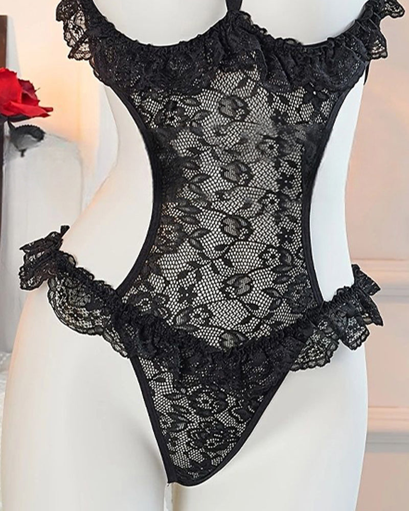 Sexy Halter Neck Floral Lace See-through Cutout Bust Bodysuit Lingerie