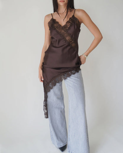 Sexy V-neck Ice Silk Lace Patchwork Asymmetrical Casual Suspender Mini Dress