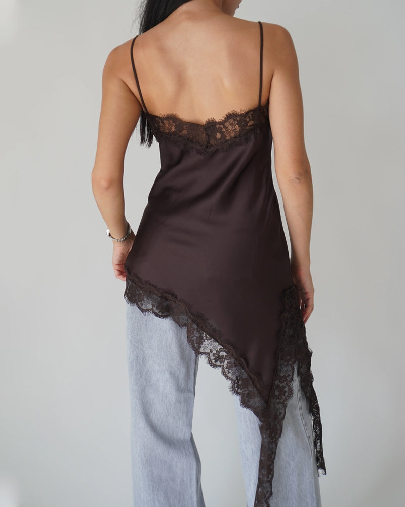 Sexy V-neck Ice Silk Lace Patchwork Asymmetrical Casual Suspender Mini Dress