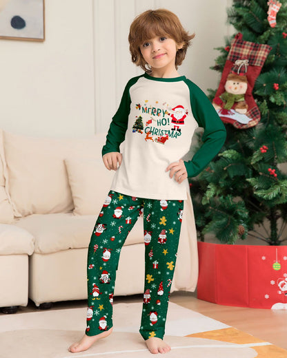 Green Santa Claus Print Crew Neck Home Wear Pajamas Family Set