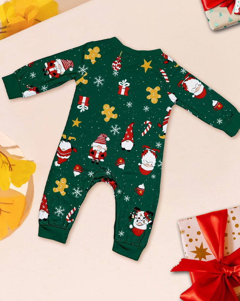Green Santa Claus Print Crew Neck Home Wear Pajamas Family Set