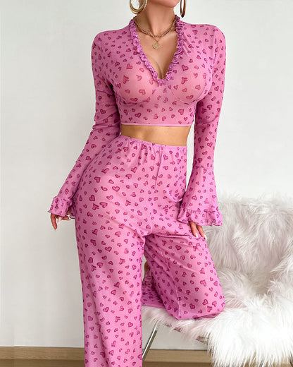 Valentine's Day Heart Print V-Neck Flared Long-Sleeved Top and Pants Pajama Set