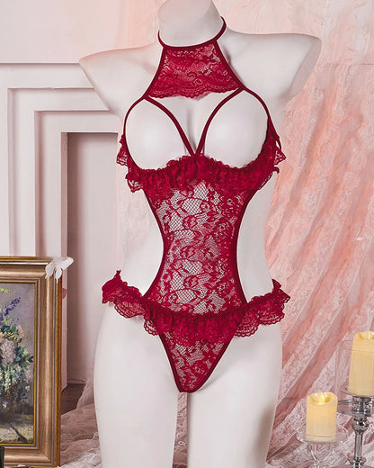 Sexy Halter Neck Floral Lace See-through Cutout Bust Bodysuit Lingerie
