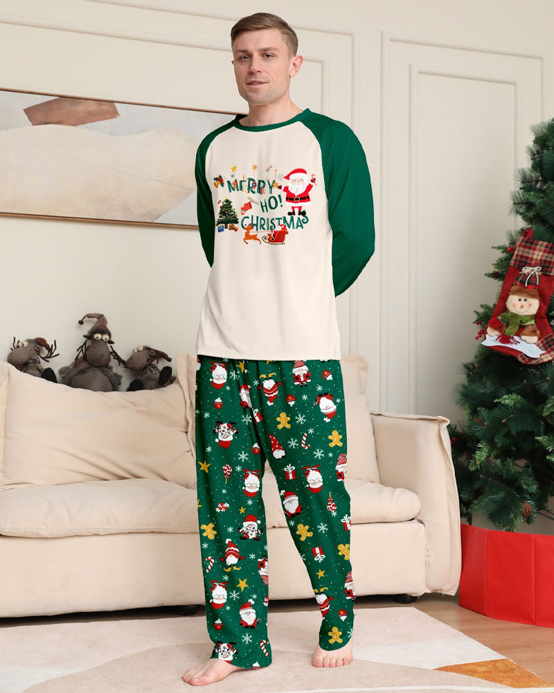 Green Santa Claus Print Crew Neck Home Wear Pajamas Family Set