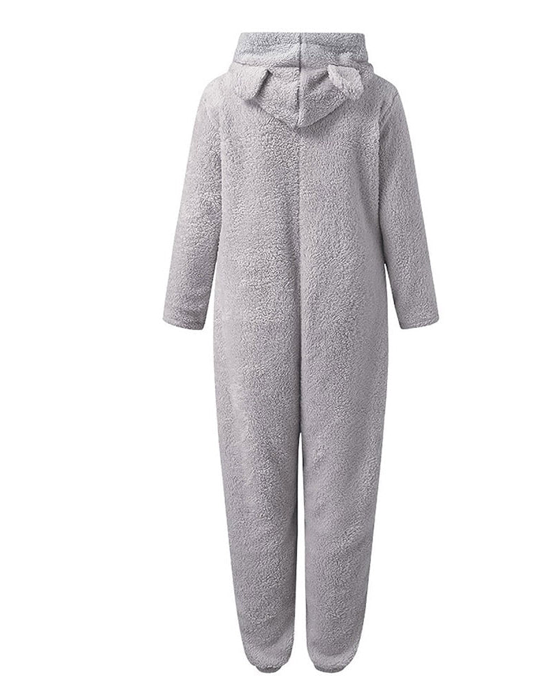 Teddy Bear Ear Zipper Hooded Plush Long-Sleeved Pants Onesie Pajamas
