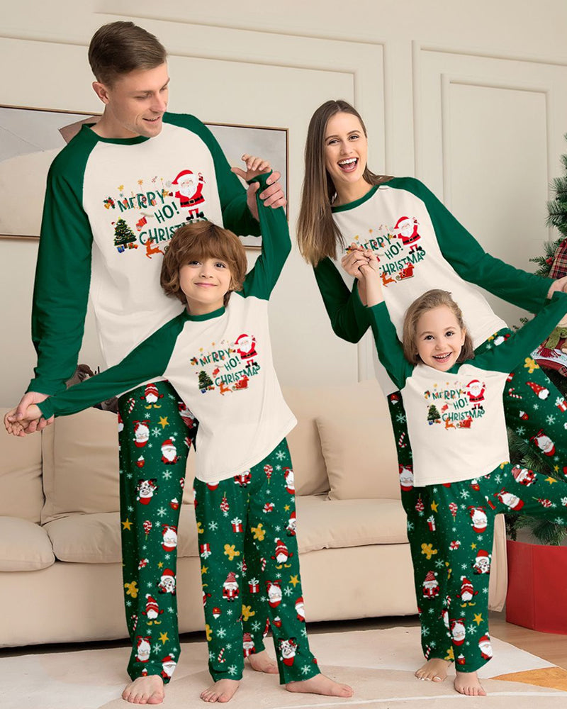 Green Santa Claus Print Crew Neck Home Wear Pajamas Family Set