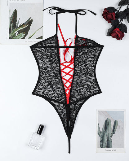 Halter-neck Lace Colorblock Open-crotch Bodysuit Lingerie