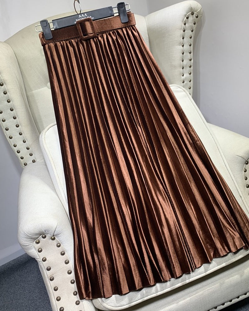 Casual Velvet Pearly Sheen High-waist A-line Pleated Skirt