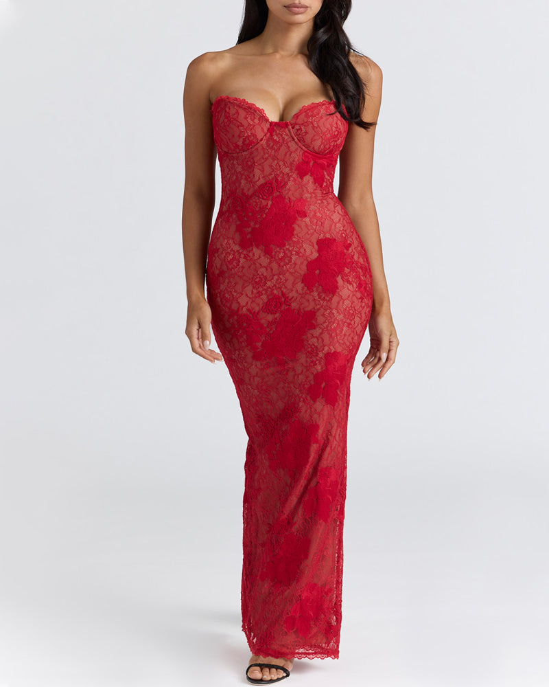 Sexy Floral Lace Strapless Bodycon Slit Long Dress and Long-sleeved Cover-up Set