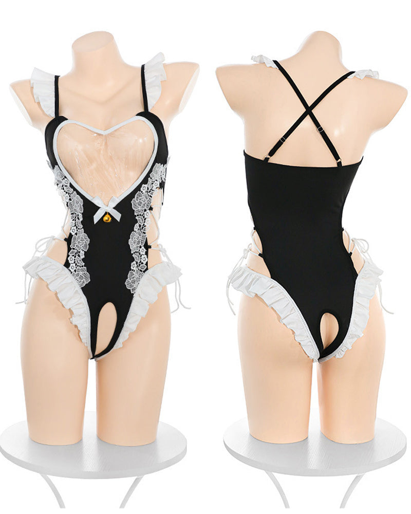 Sexy Bust Heart-shaped See-through Lace Open Crotch Bodysuit with Cat Ear Headband Lingerie Set
