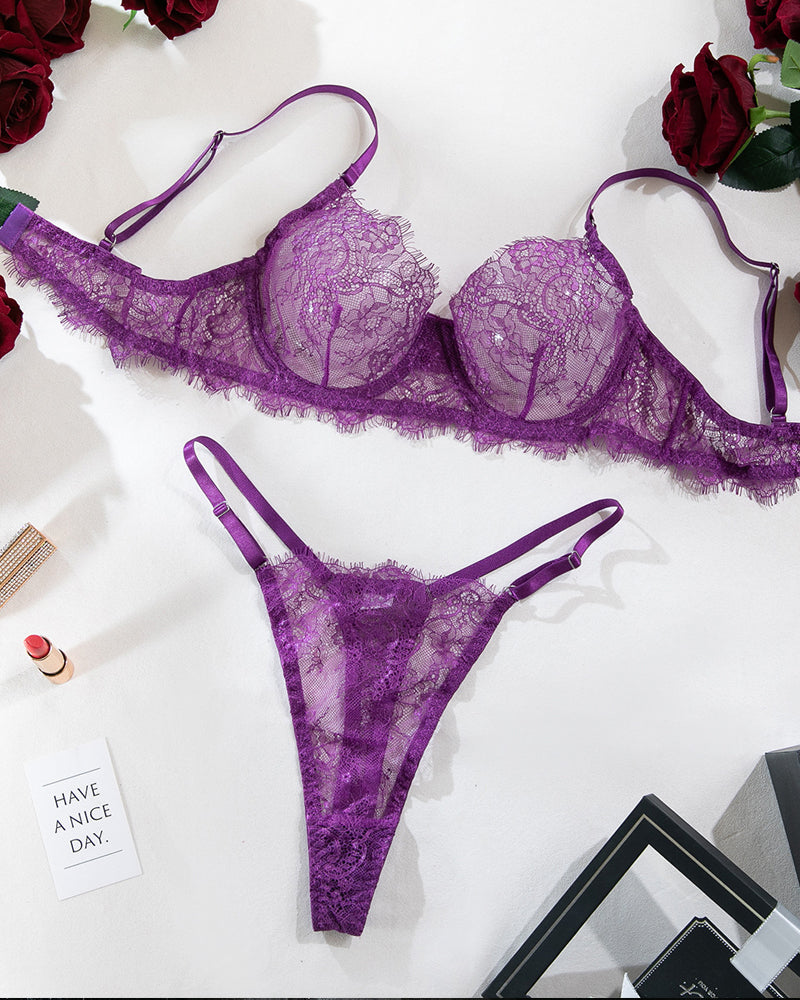 Sexy Lace Sheer Bra and Thong Lingerie Set