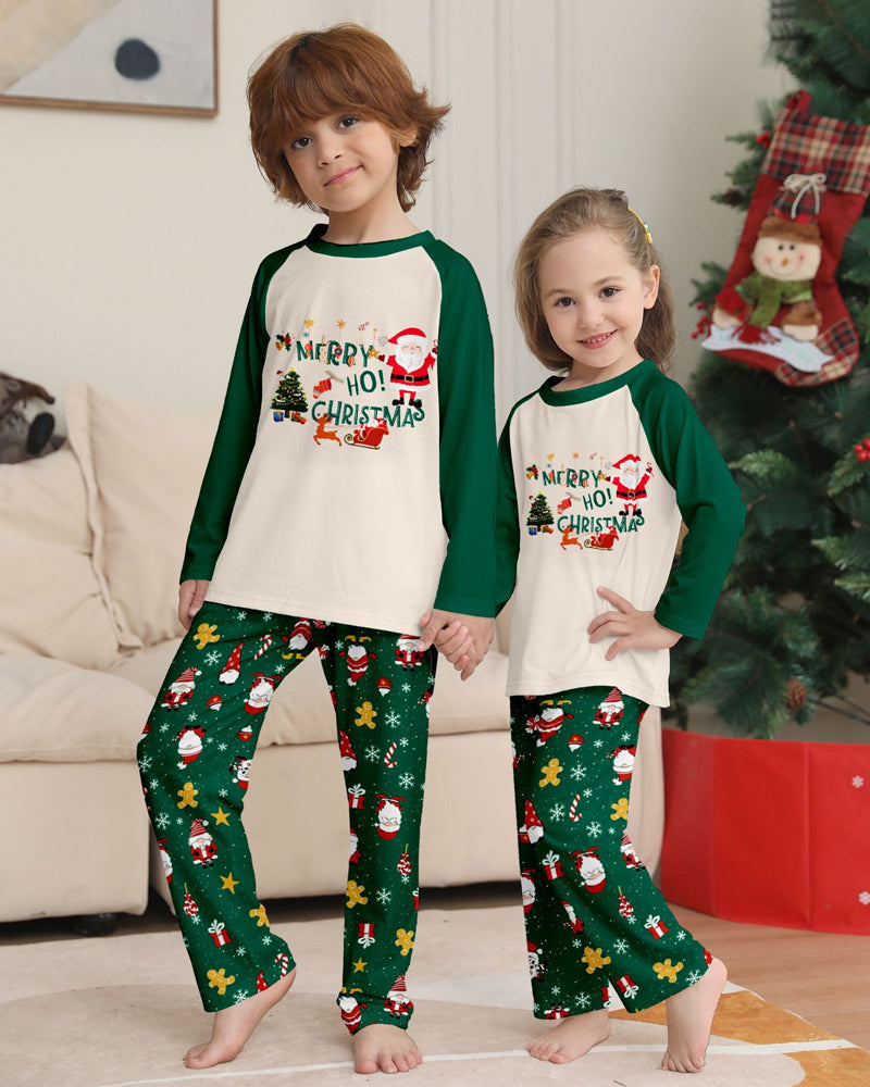 Green Santa Claus Print Crew Neck Home Wear Pajamas Family Set