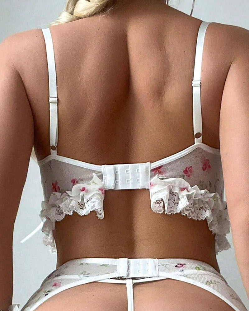 Sexy Floral Print Lace See-through Mesh Lingerie Set with Stockings
