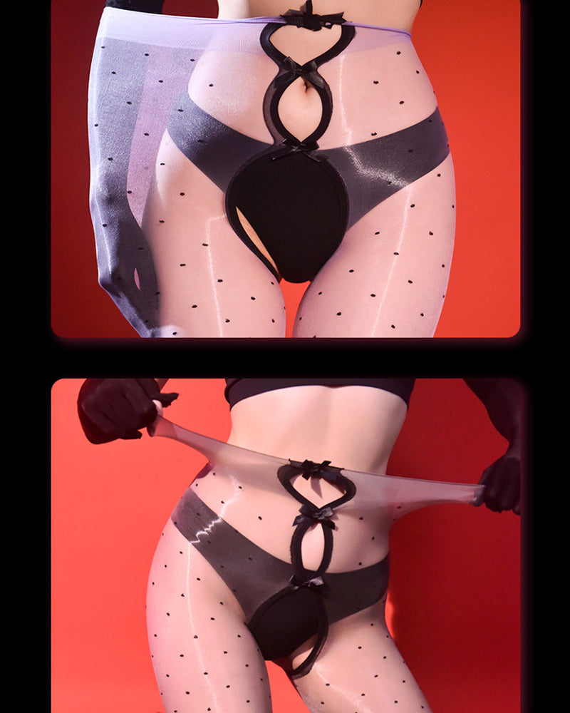 Sexy 5D Aurora Polka Dot Bow Decoration Hollow-out See-through Skin-friendly Open Crotch Pantyhose