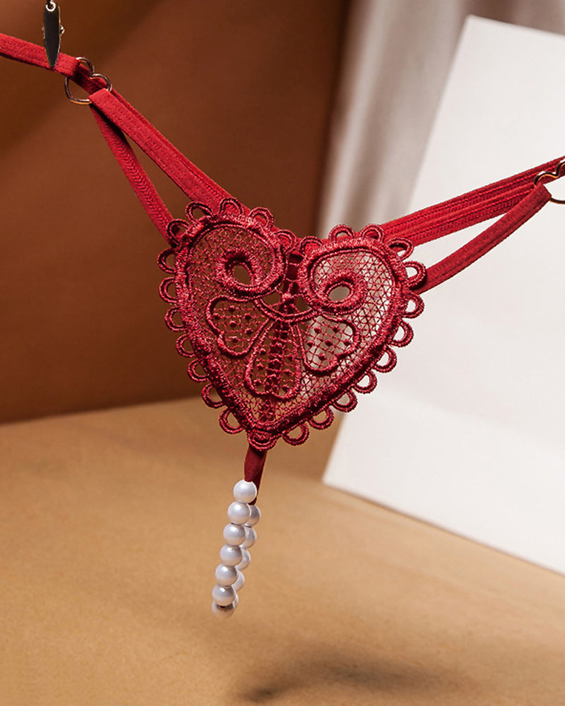 Sexy Heart-Shaped Lace Flower Pearl Embellished Thong