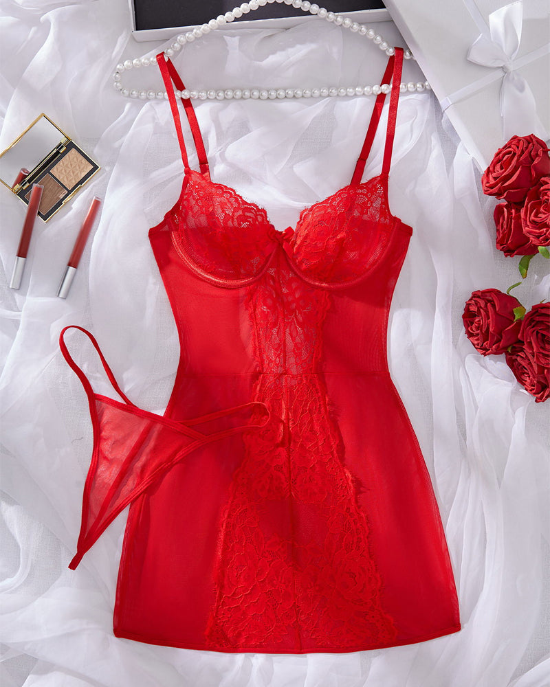 Sexy Lace See-through Mesh Slip Nightgown